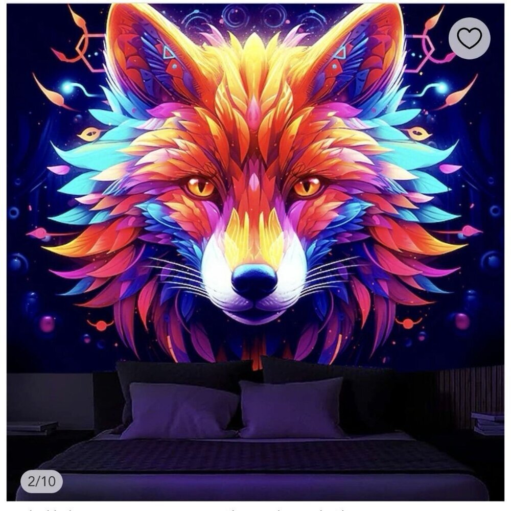 Blacklight Fox Tapestry Neon Glow Wall Art Mural Fabric New